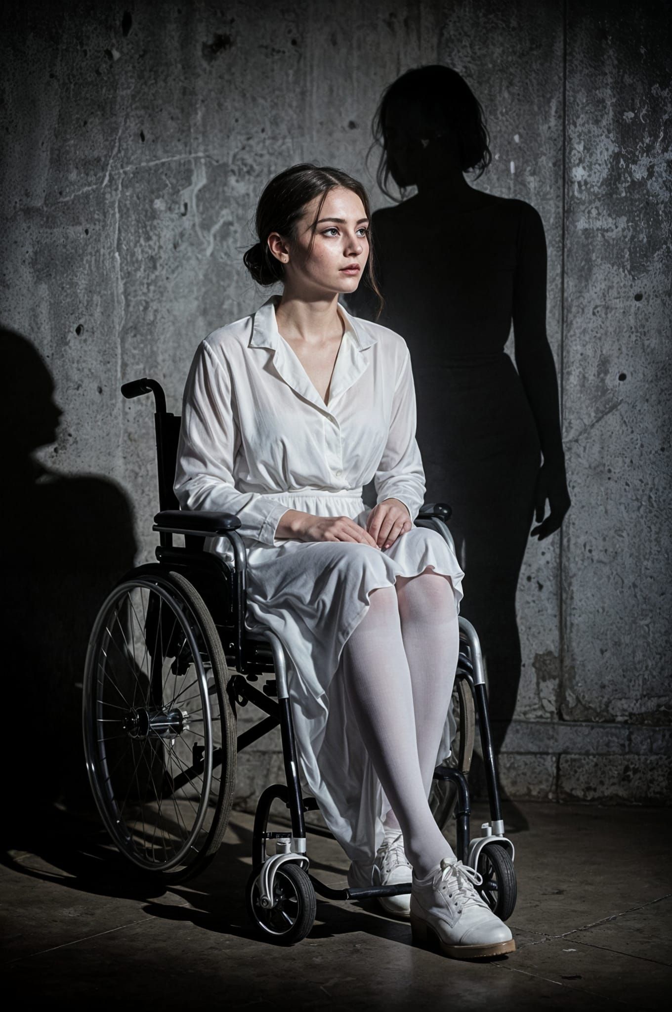 Young woman sitting in wheelchair with on the wall her living shadow is standing up  by @Fokje