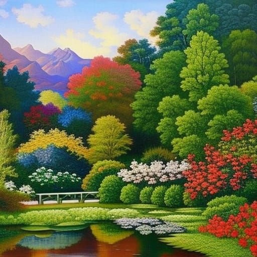 depicts a majestic garden in bright colors. The paintings sh...