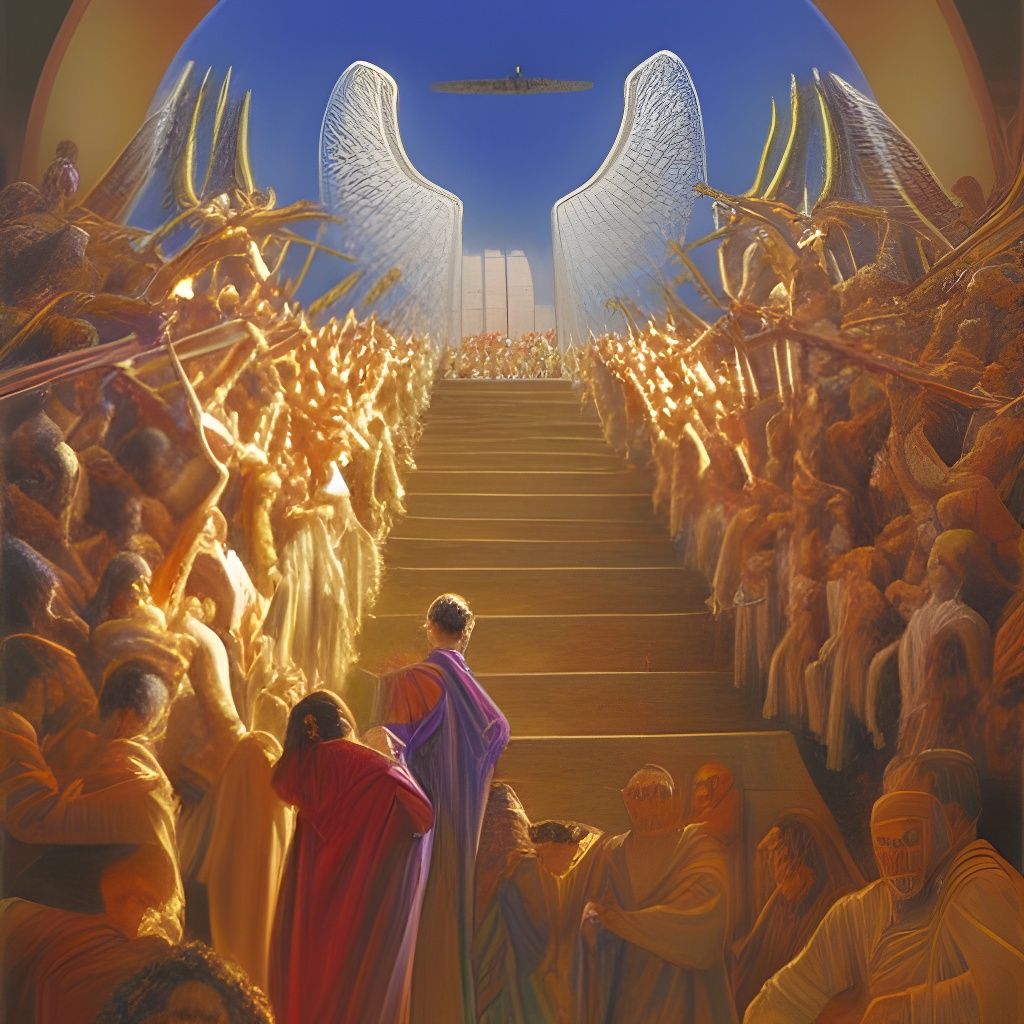 many angels entering the temple of god in the sky