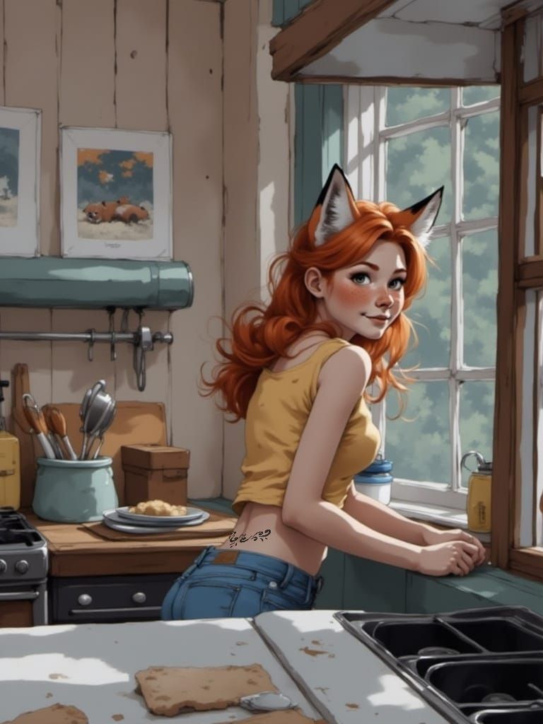 Fox-girl Vixen shows her tattoo 'stamp'. (Fox-girl Vixen in the kitchen, ALTERNATE)