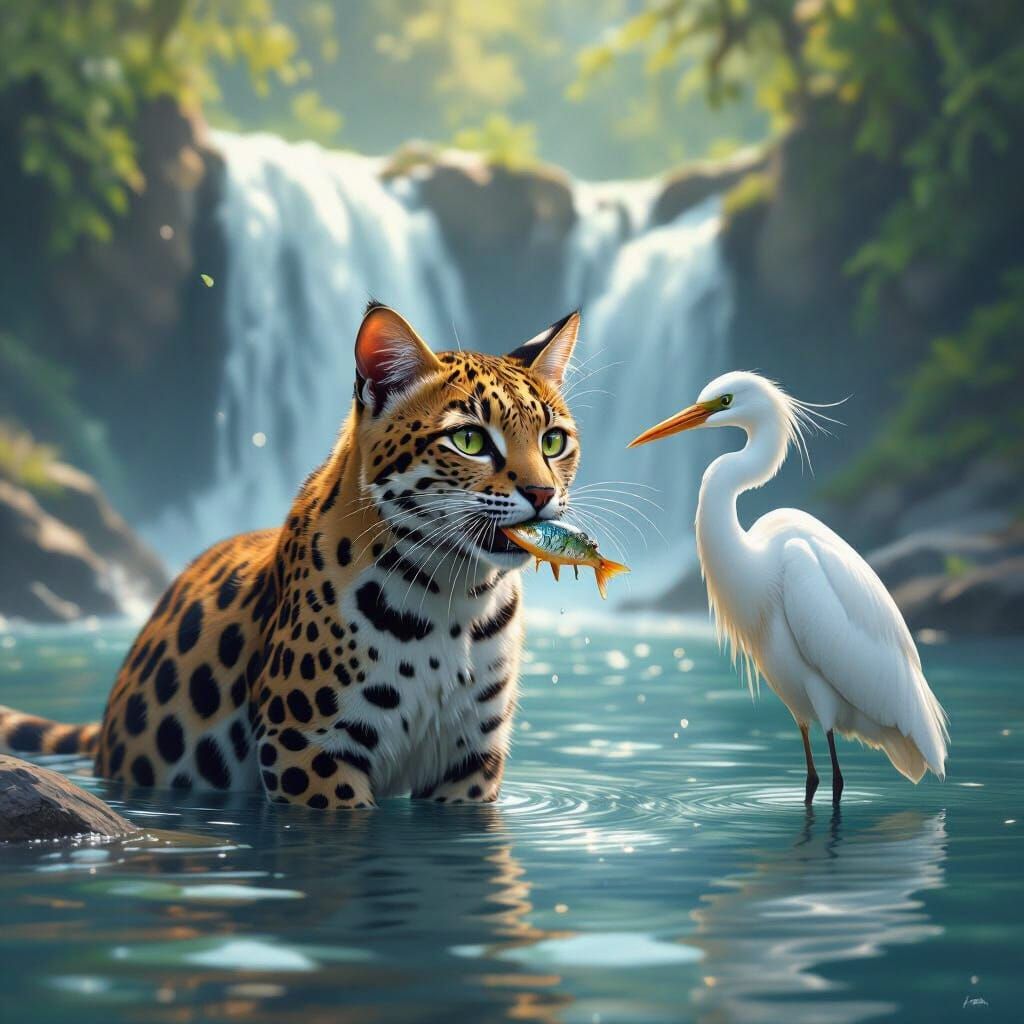 Leopard Cat Fishes by Waterfall with Egret