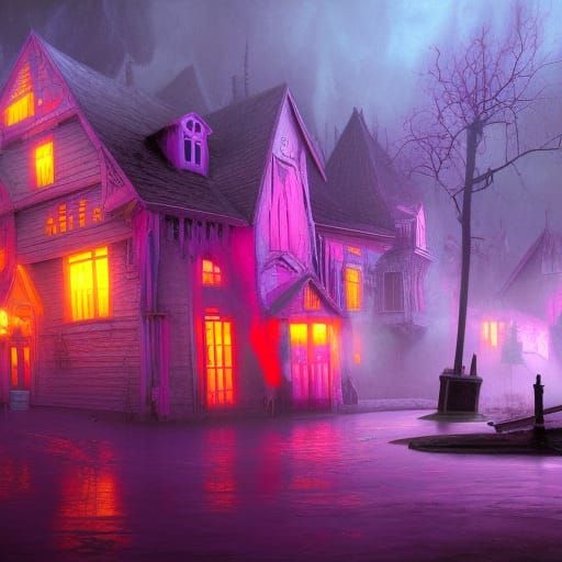 Haunted house ; ghosts ;

Purple and pink ; triadic colors ;...