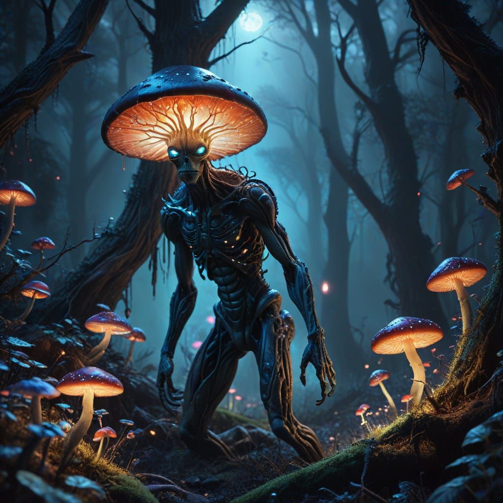 Alien in Dark Forest: Surreal Oil Painting