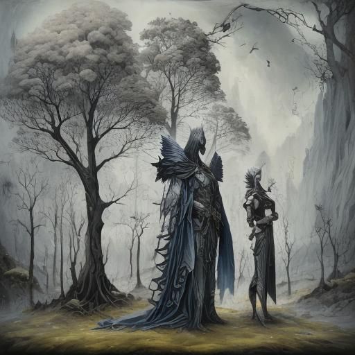 <lora:GrimKey v8:1.0> A male angelic knight and his fairy friend standing next to each other. 