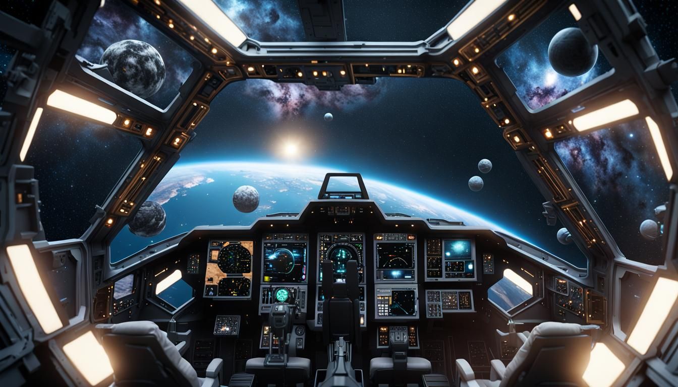 create ultra-realistic cockpit-view image of a sci-fi starfighter ...