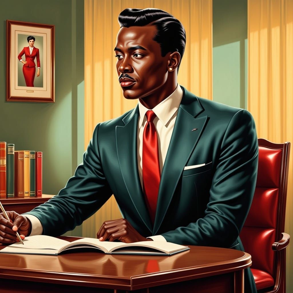Beautiful dark skin man wearing a suit at his office, <lora:Retro Rockabilly:1.0> vintage 50s illustration art