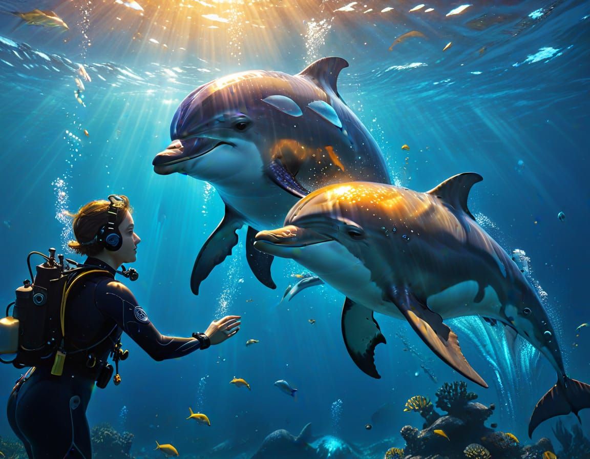 A diver and curious dolphins  by @JBrosque