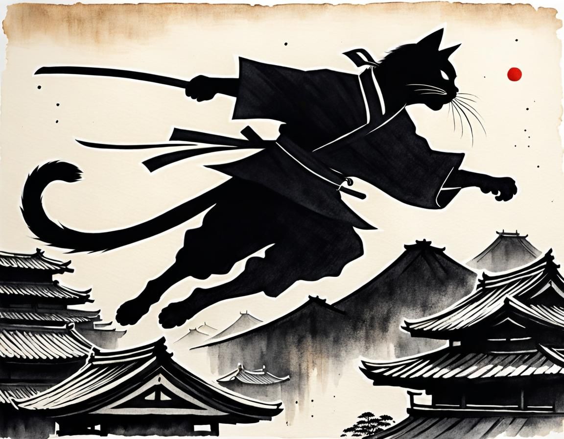 Ninja cat running away from the crime scene  by @YukiKenji