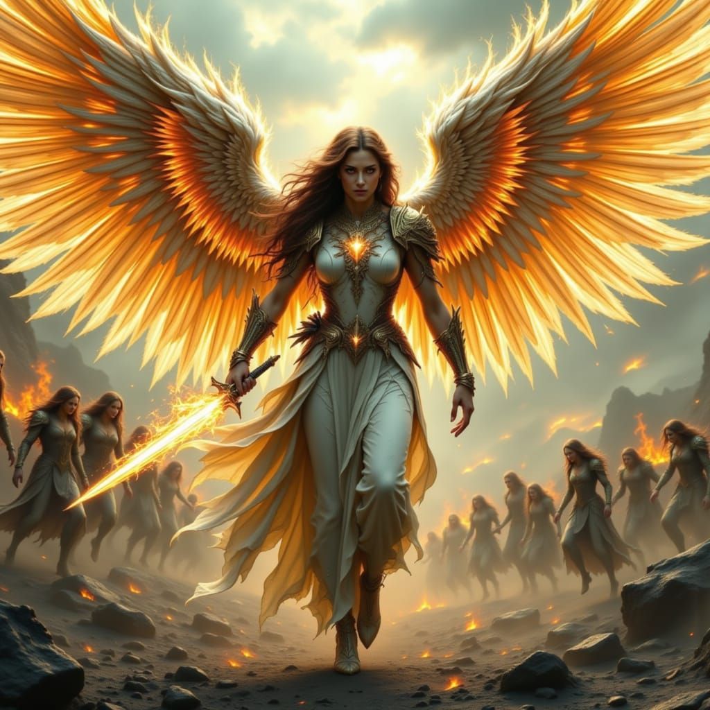 <lora:Flame Angel:1.0> <lora:Angel Warrior:1.0> very muscular handsome arch angel with huge flaming white ...  by @Terryke