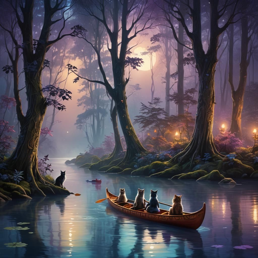Cats Paddle Canoe Through Enchanted Forest