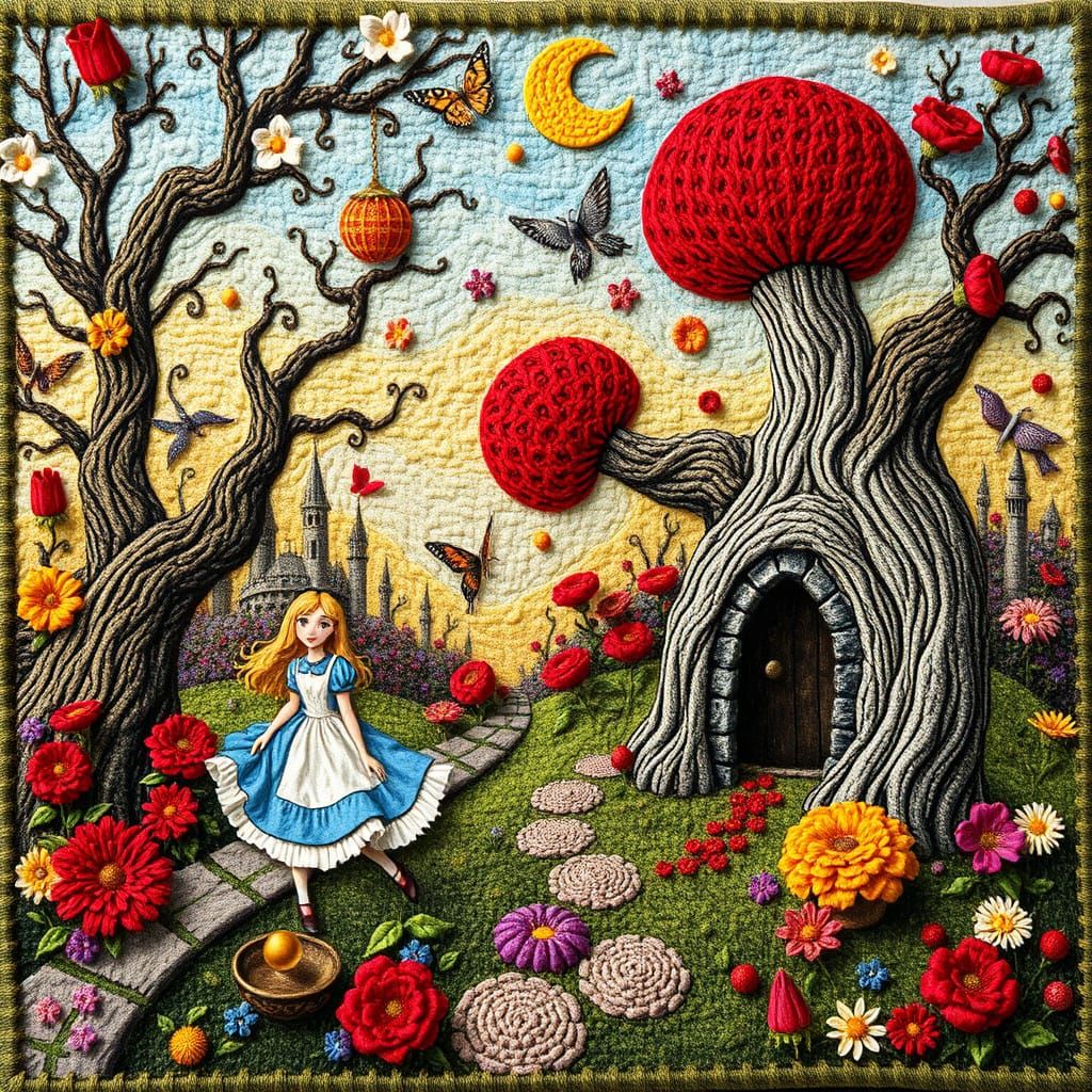 Woven Tapestry Surrealism textured Alice in wonderland scene vivid colors  by @Martinacats 