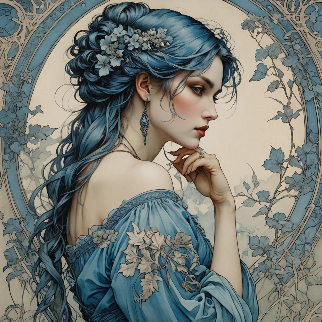 Portraits in Blue - Art Nouveau in 2.5 D  by @Huntokar
