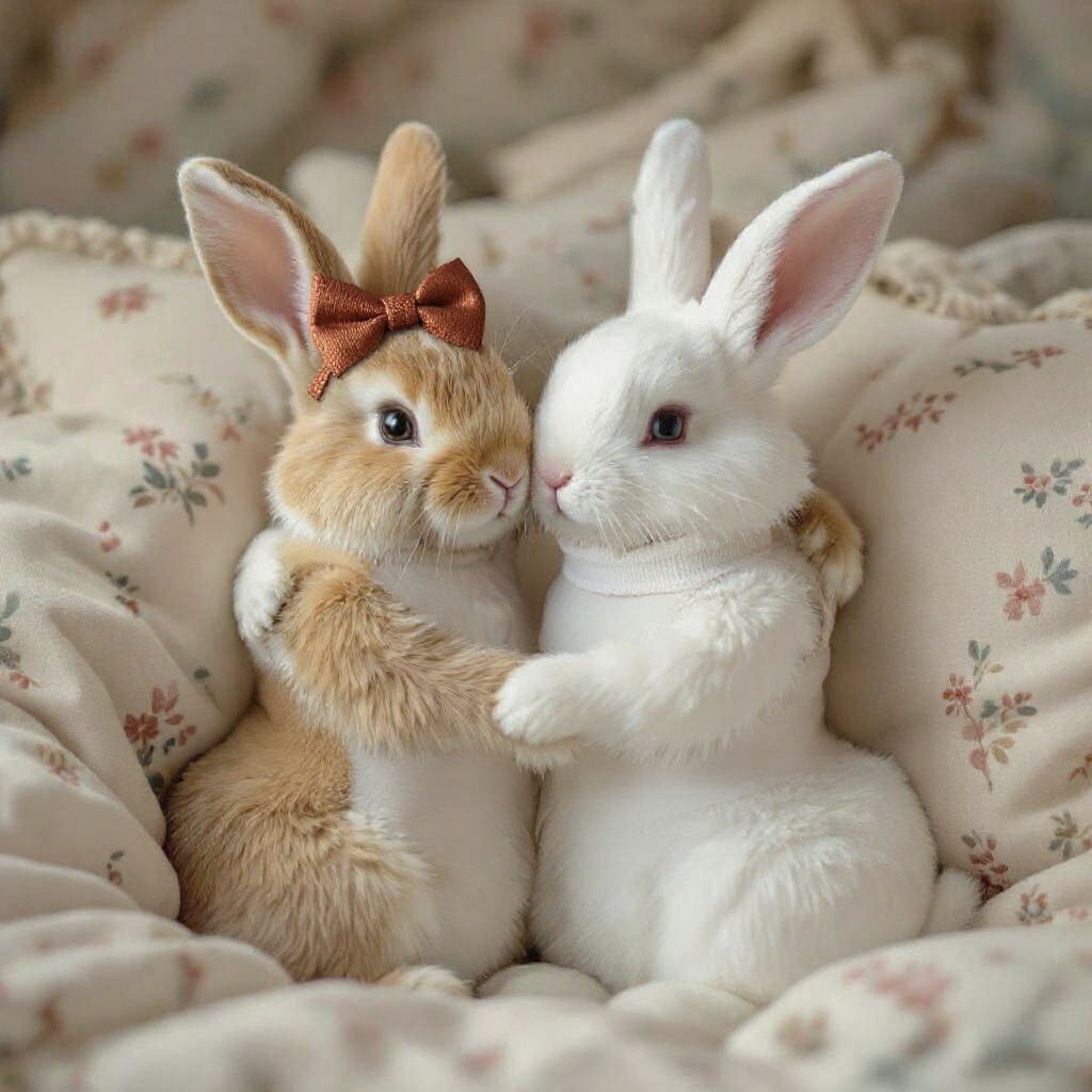 A ginger rabbit and a white rabbit wearing vests and bow ties are hugging inside a pillow
