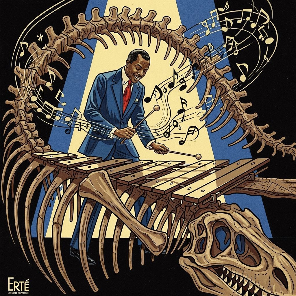 Lionel Hampton playing on a dinosaur's skeletal ribs as if they were a xylophone. - Start Image 2