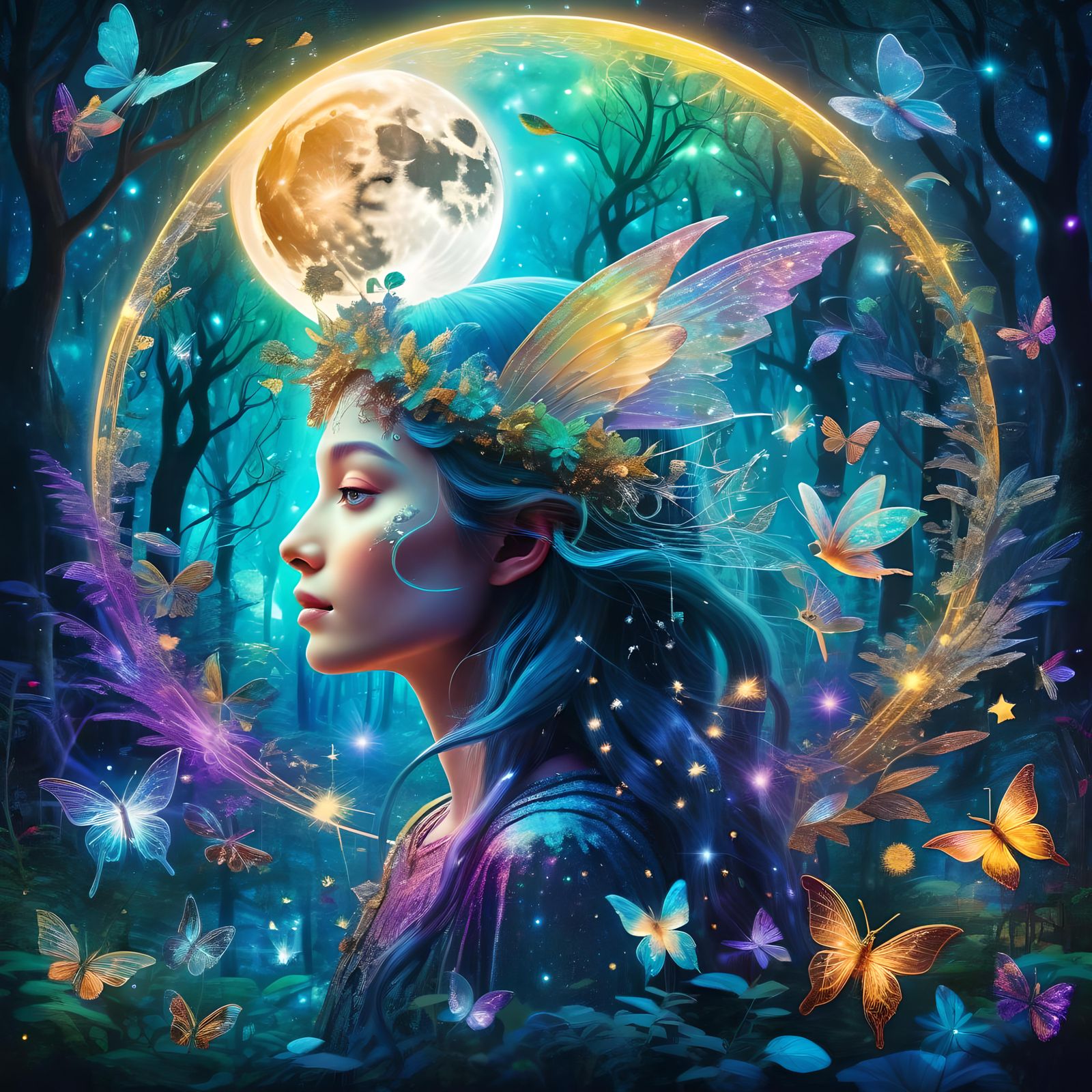 A mythical realm, mythical forest, mythical fairies, glittering in the moon light. High resolution.   by @Irene