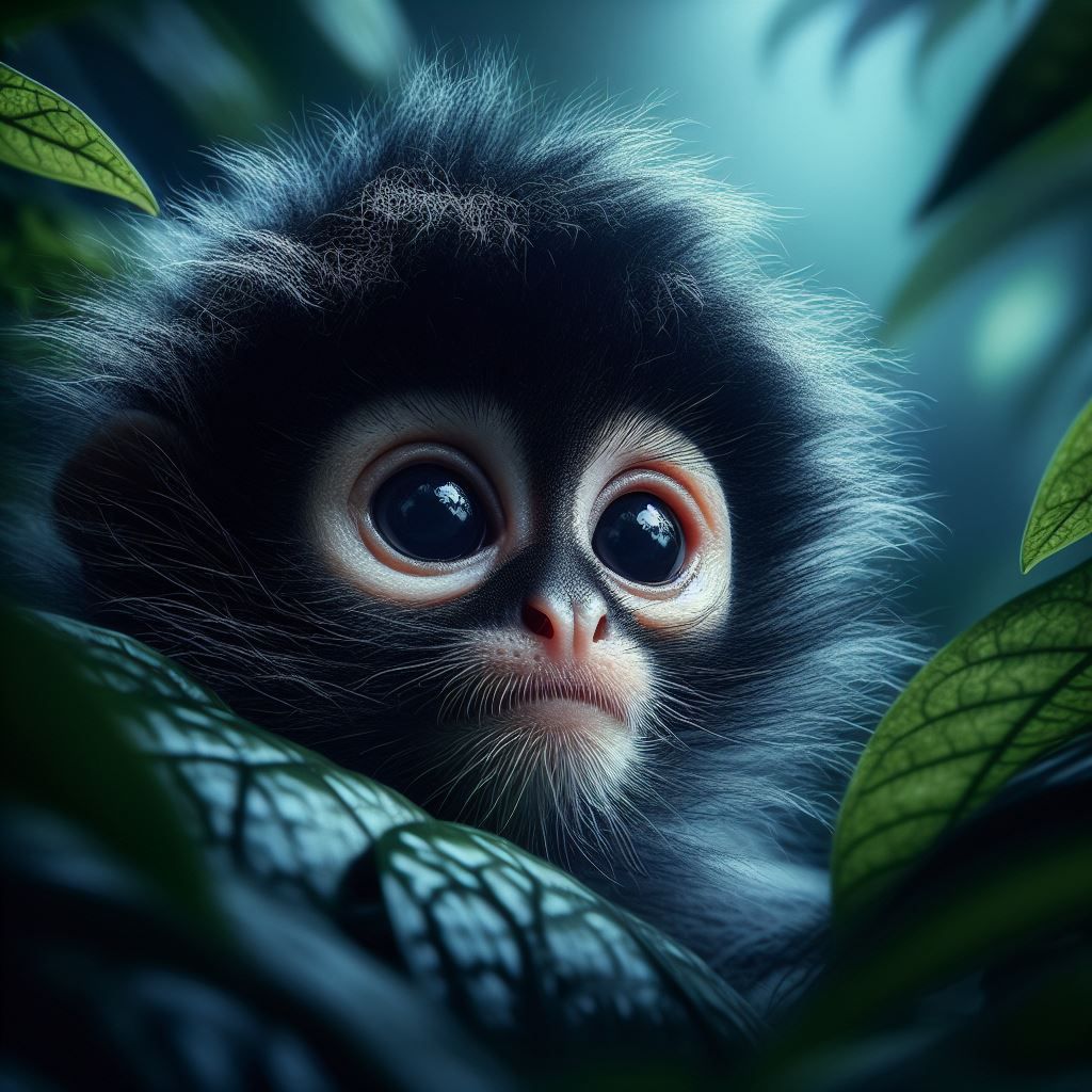 Inquisitive spider monkey face peeking from rainforest, Nica...