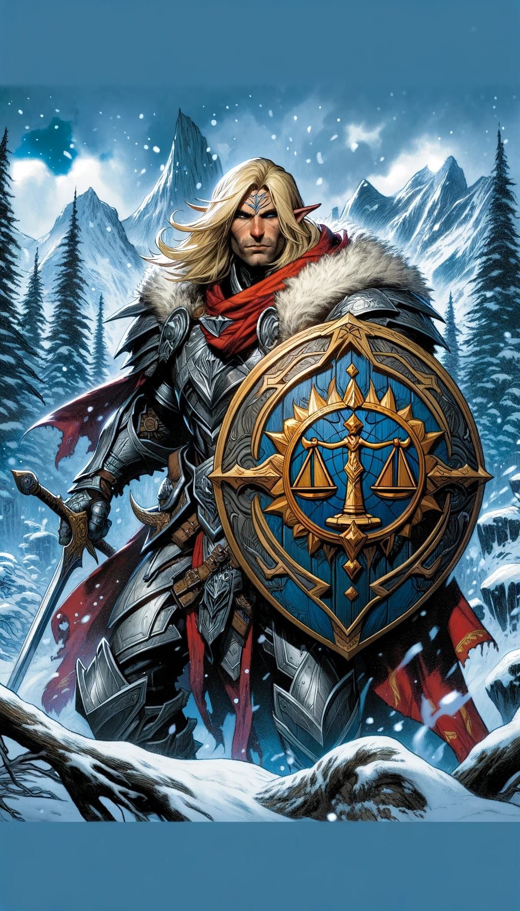 A noble paladin of Tyr trenches through the harsh terrain of Ice Wind Dale.