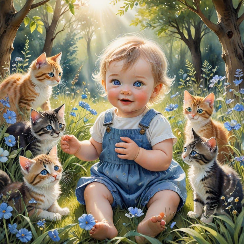 Baby Playing with Cats in Watercolor Style