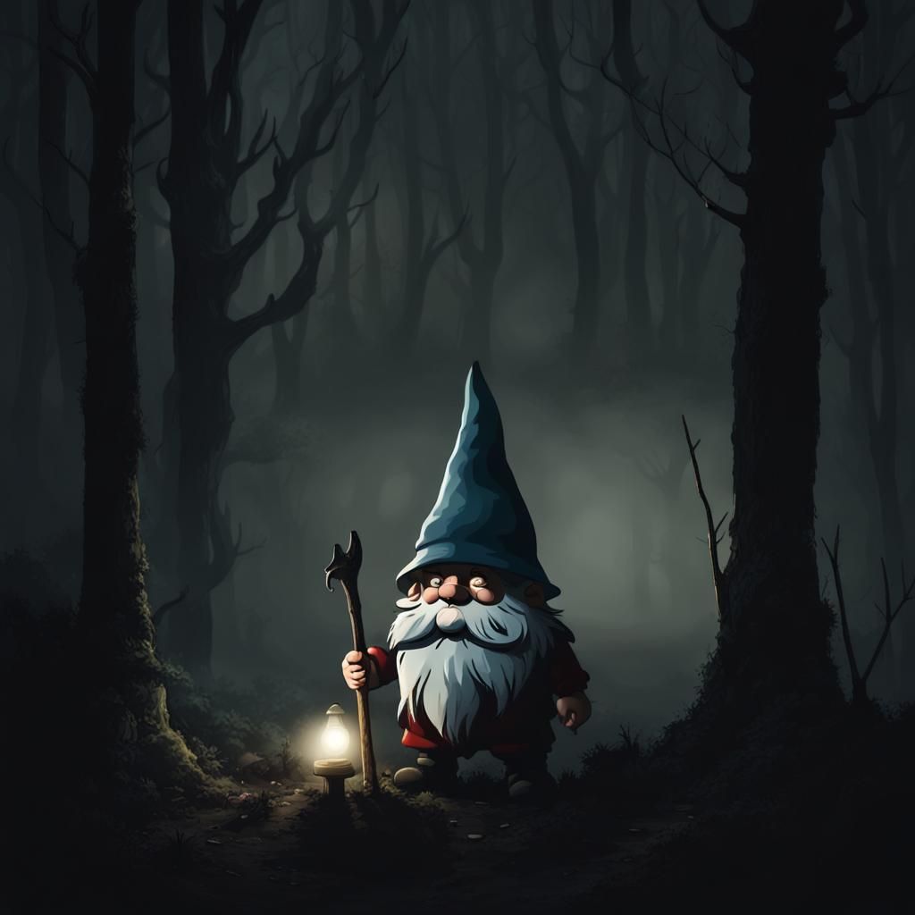 Gnome in a dark forest at night. There is an ominous shadow ...