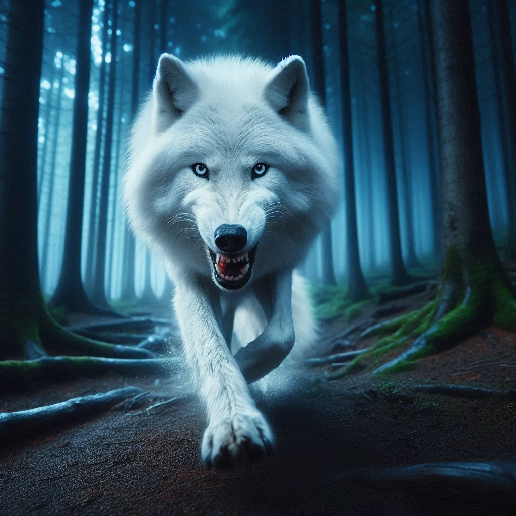 An angry white wolf rushes at the viewer through the night forest