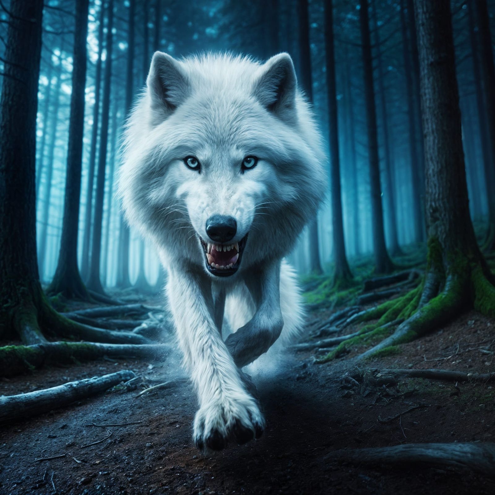An angry white wolf rushes at the viewer through the night f...