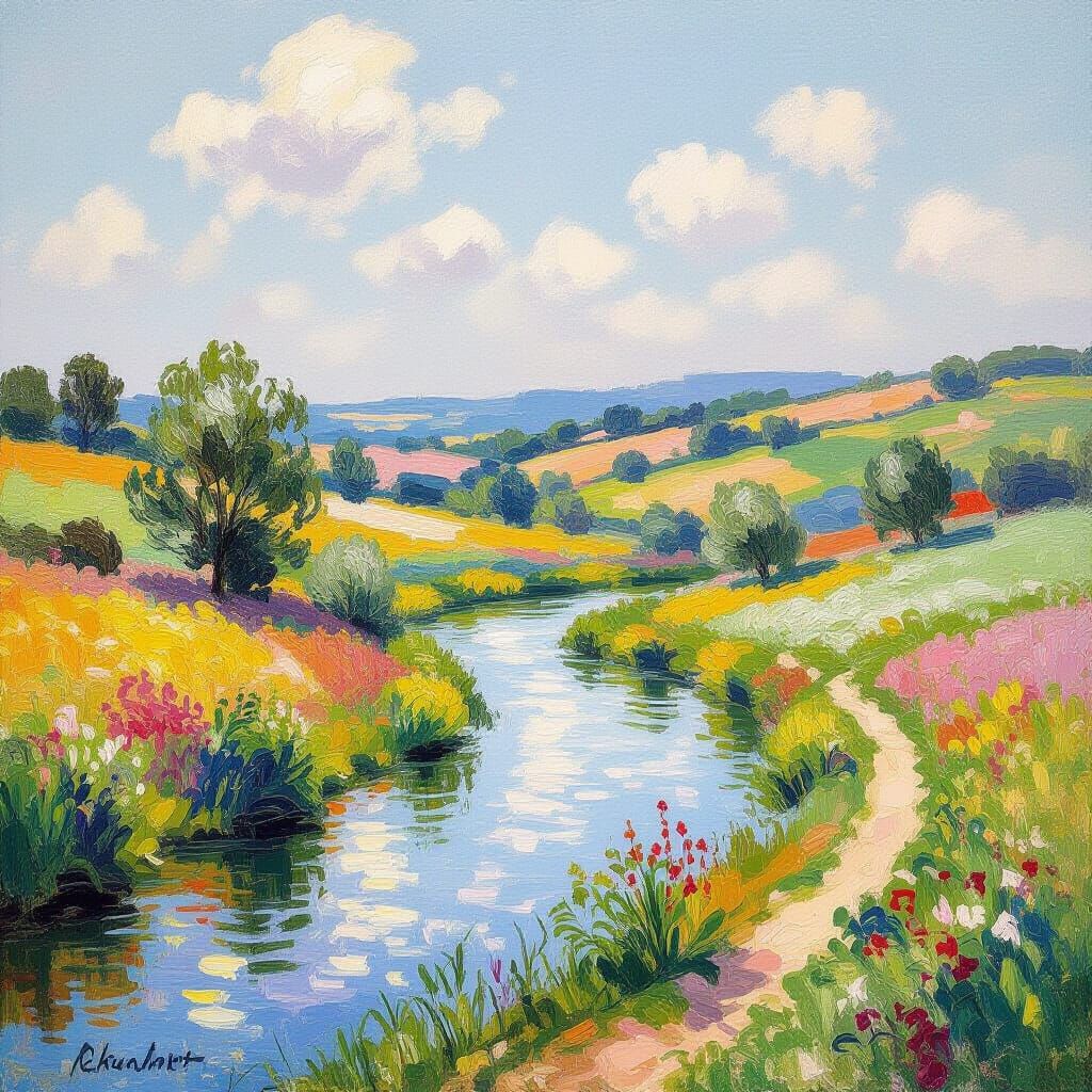 Dreamlike Landscape Painting with River and Hills