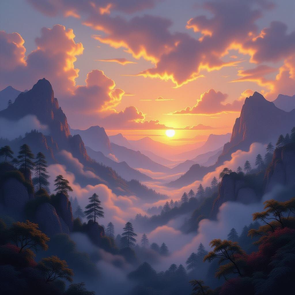 Ethereal Sunset Fantasy Landscape in Golden Light