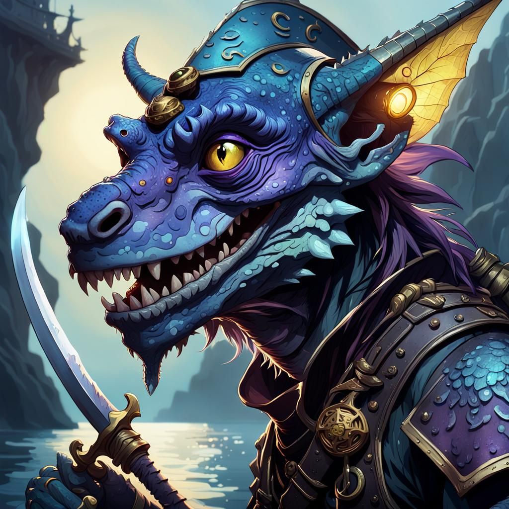 Blue Kobold with lizard snoot as a pirate wielding glowing d...