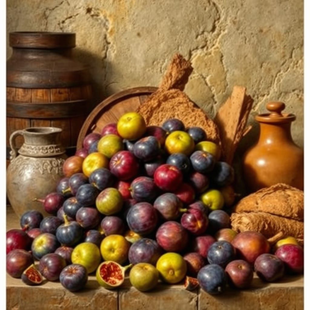 "Still life with plums, figs, bread, barrel, jug and other c...