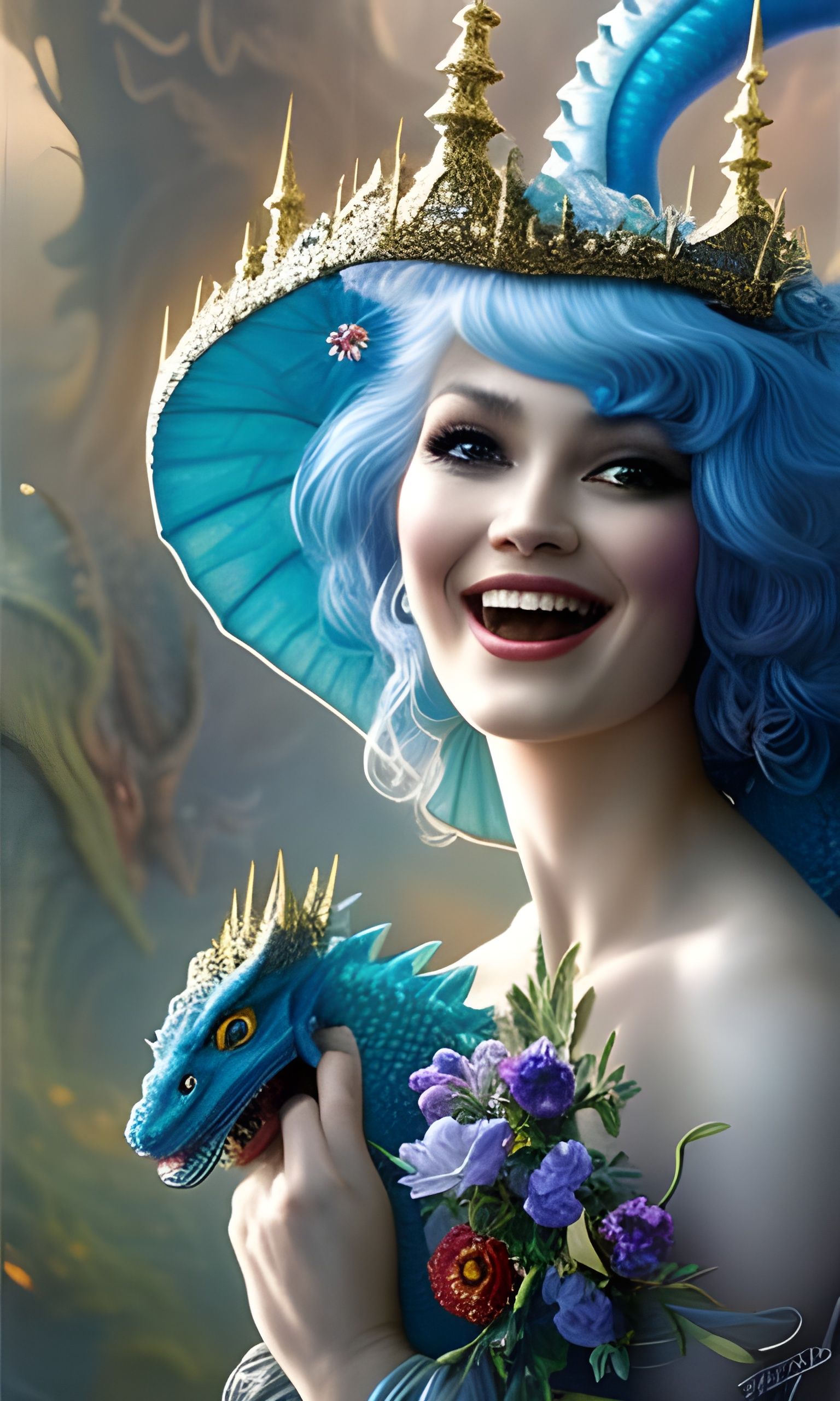 Joyful Pixie Portrait on Blue Toadstool