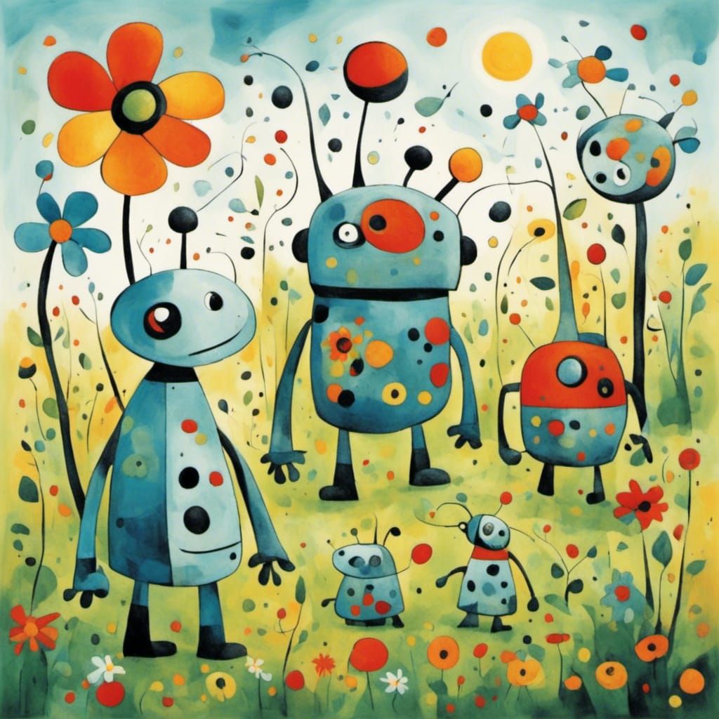 <lora:Road Trip:1.0> Cute robots in a flower garden 