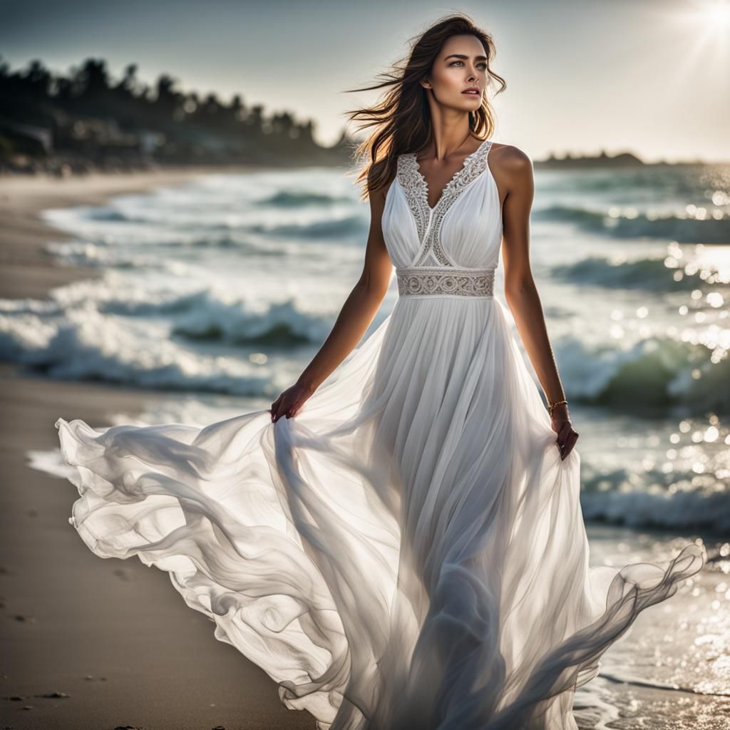 a  beautifull lady 
in a white flowing dress on the beach