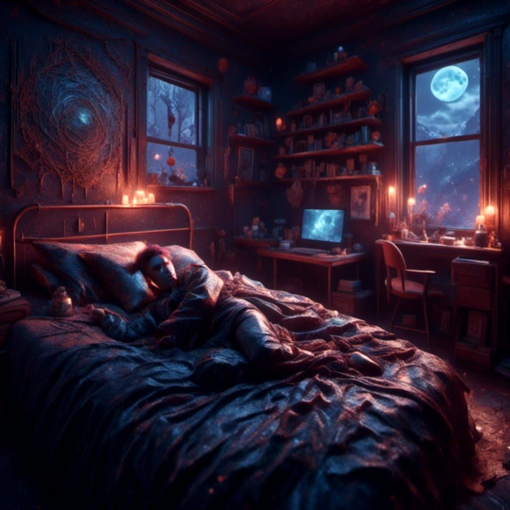 1st person inside a darkened, College dorm bedroom, spooky gothic Halloween  themed, ice shimmer covers, male sleeping on bed, fantastical, i... - AI  Generated Artwork - NightCafe Creator