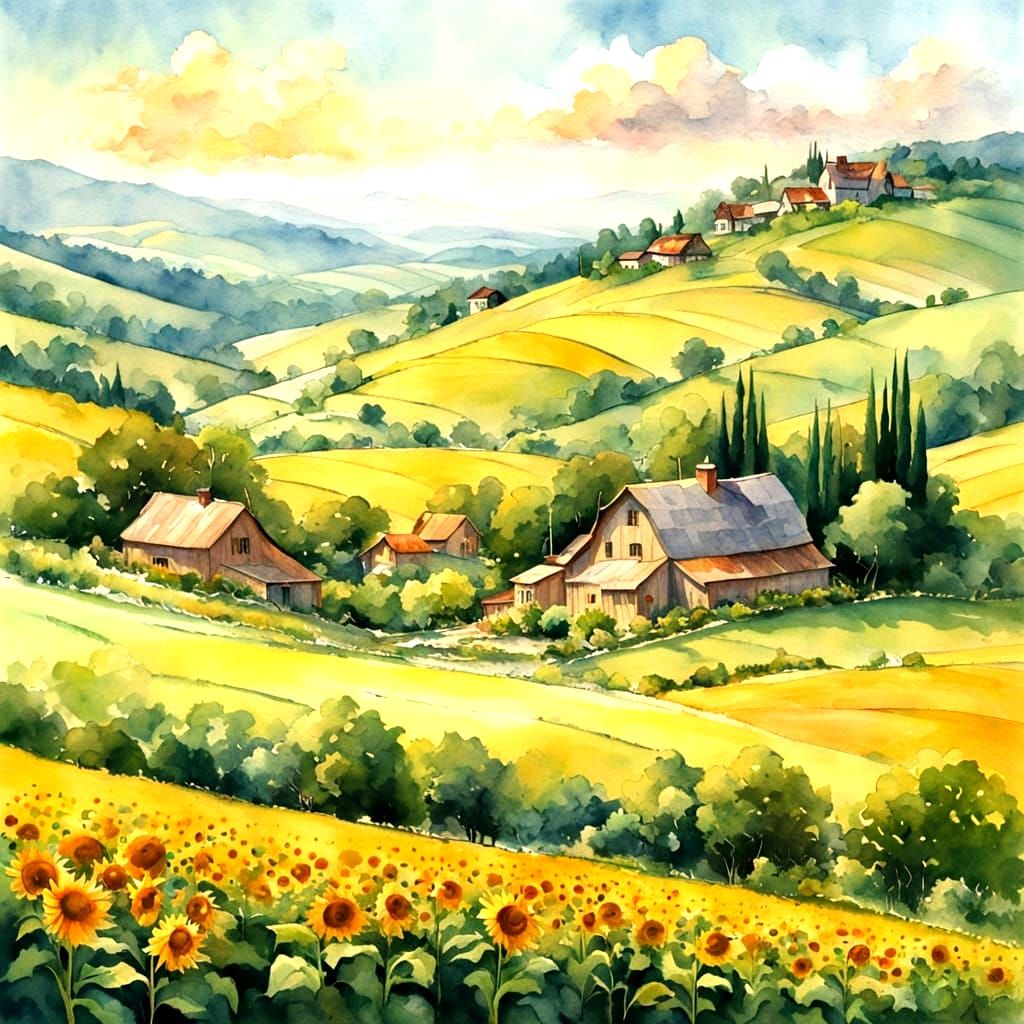 A large panoramic view with fields, green and lush , showing a farms and hills painted in a cheerful countryside masterpiece illustration  l...