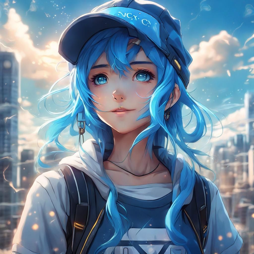 cute blue haired anime girl. the backround is a sky with lig...