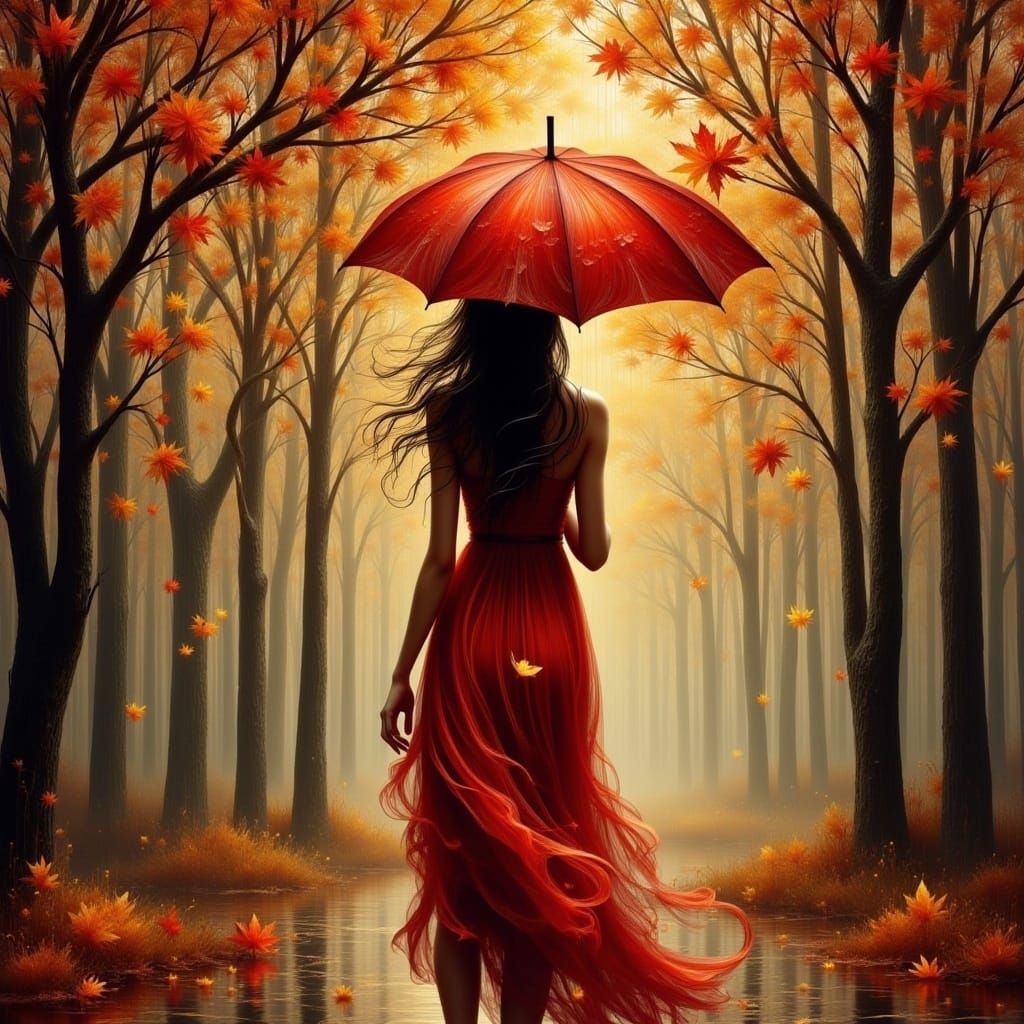 <lora:Ethereal Magic Flux:1.0> A woman in a flowing, crimson-hued raincoat, her dark hair partially obscured by a matching umbrella, walking...