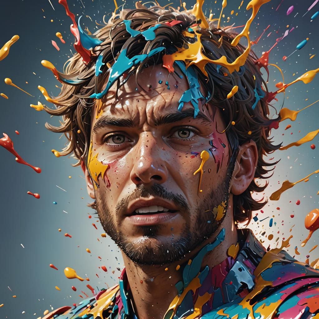 HUMAN EXPLODE Hyperrealistic, splash art, concept art, mid shot