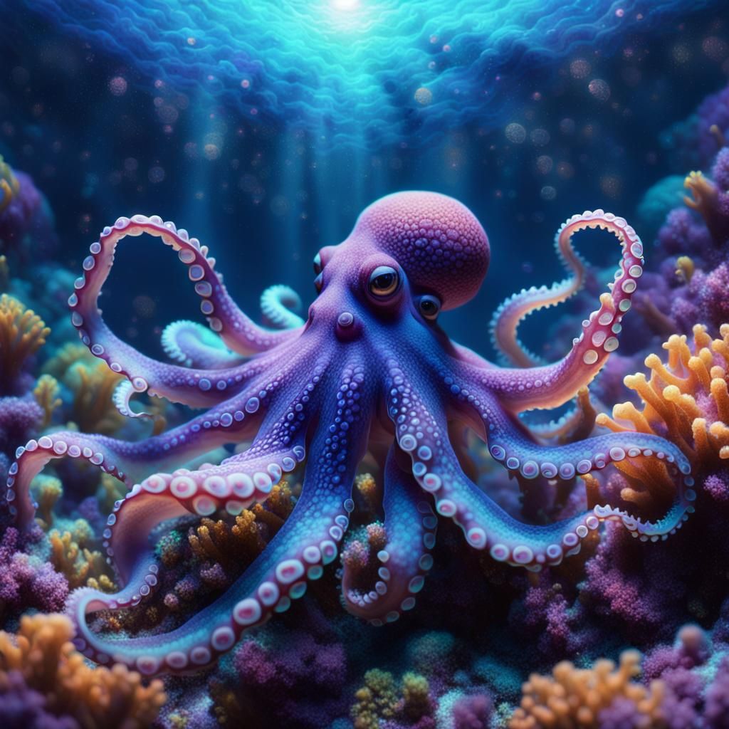Octopus in a coral reef dancing in the moonlight   by @hodgeling3