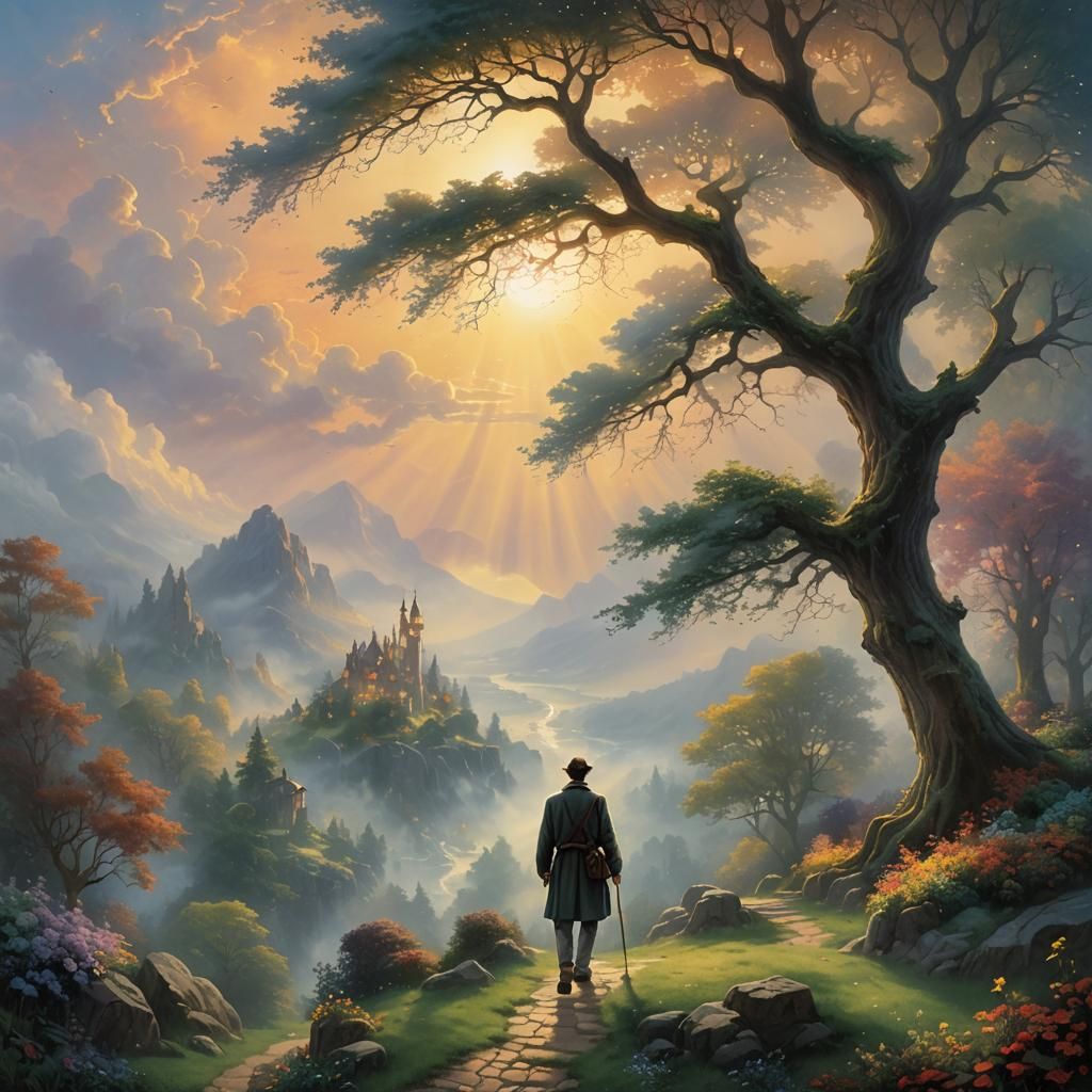 A man is walking toward the sun that is in front of the man  by @Amiraliisstillrad