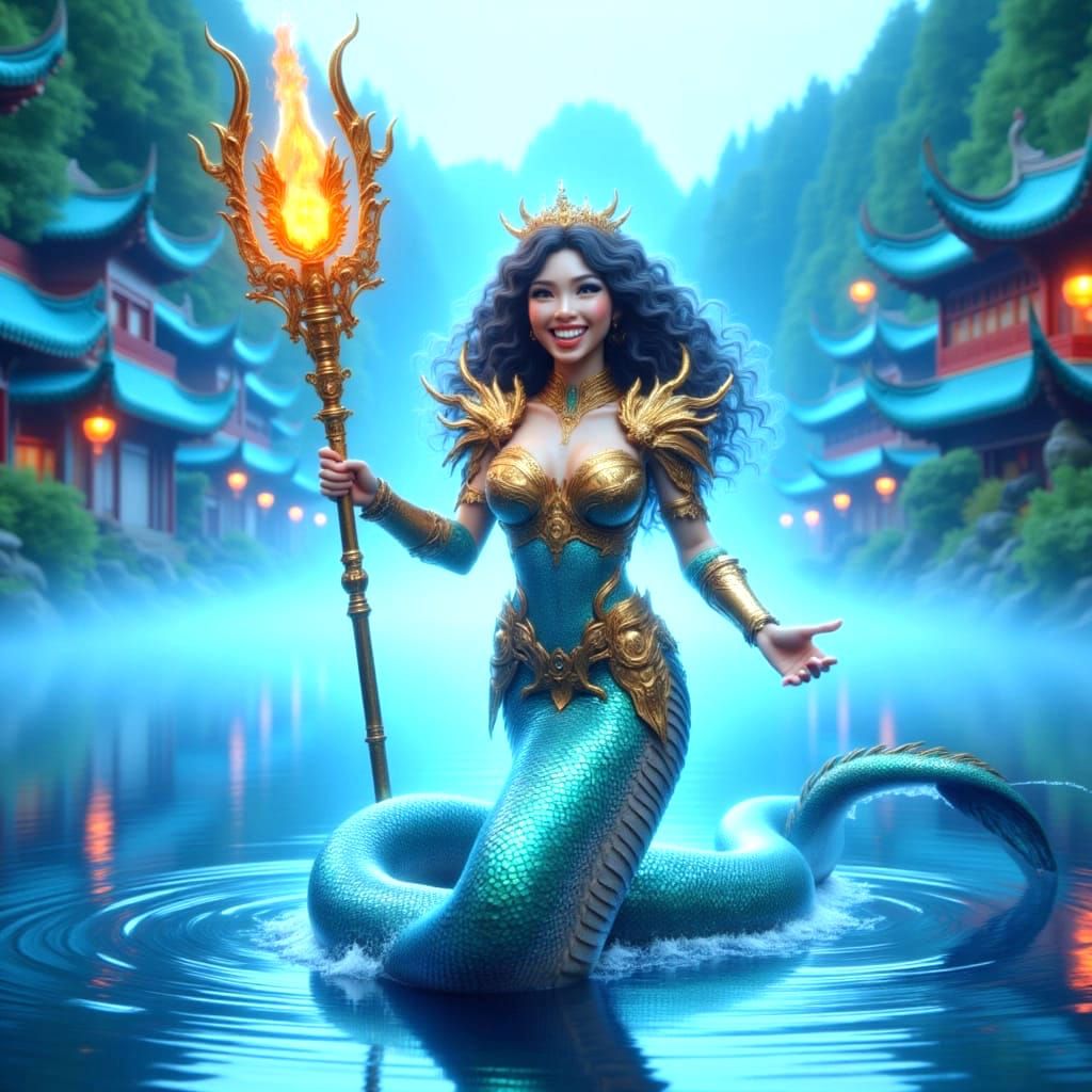 <lora:Hybrids:1.0> Asian masterpiece snake-mermaid curly hair, smiling lovely golden armored, textured pedipalps, on a lake with perfect re...