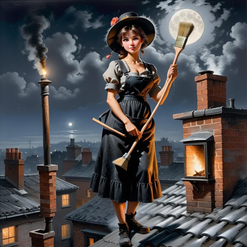 A female chimney sweep covered in soot carrying brush standi...