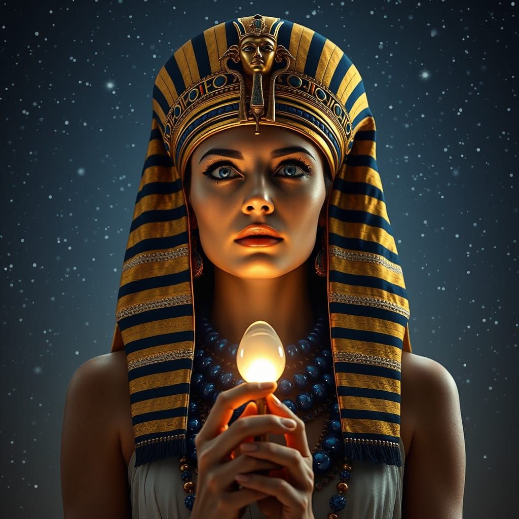 A mysterious priestess in ornate Egyptian jewelry, holding a glowing ankh under a starry night  by @FluffyGlowfish