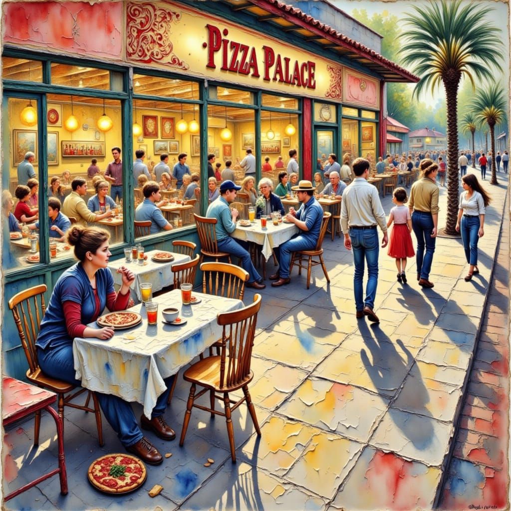 Bustling Pizza Palace in Watercolor and Impasto Style