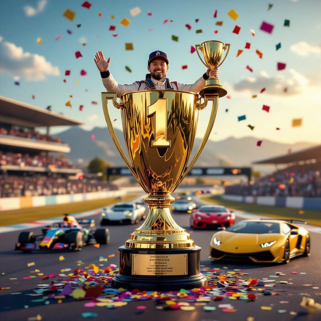 Triumphant Racing Driver Emerges from Gold Trophy
