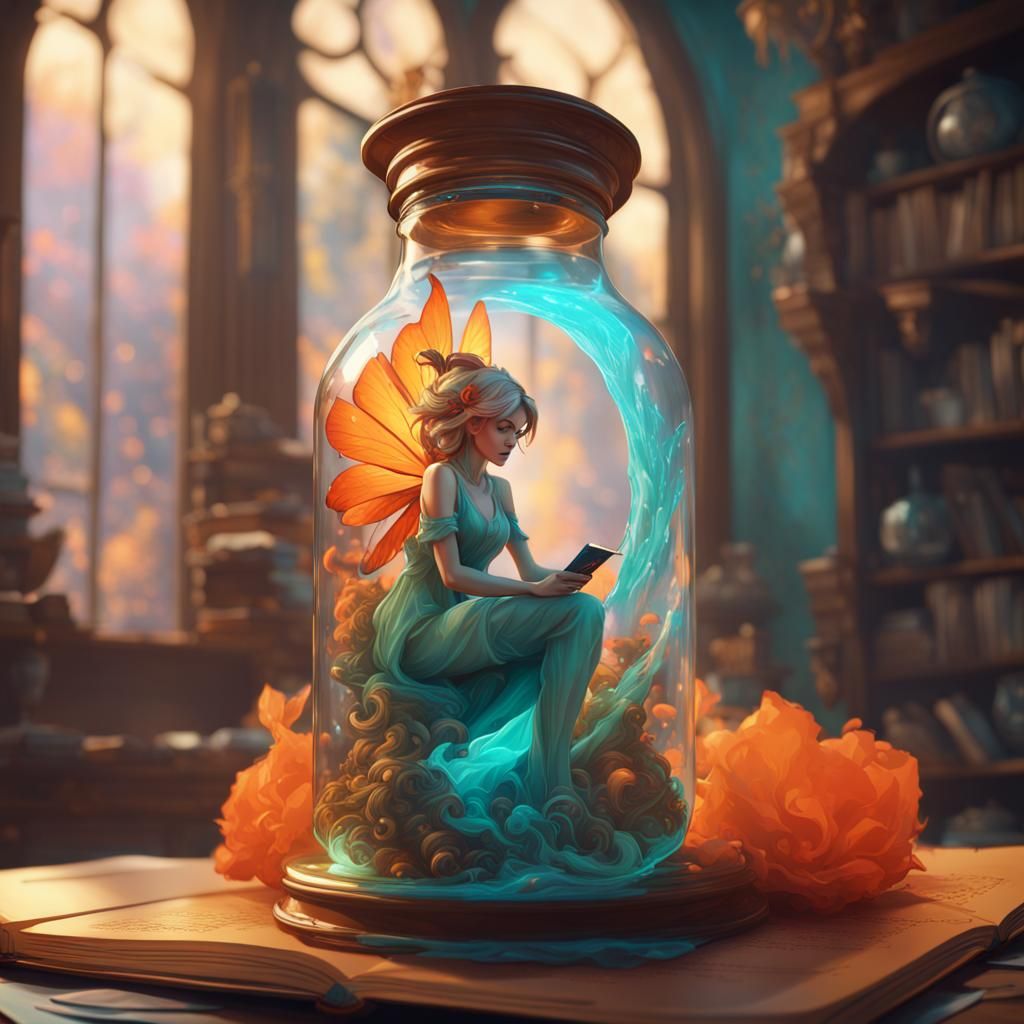 A fairy in a bottle coming out of a book
