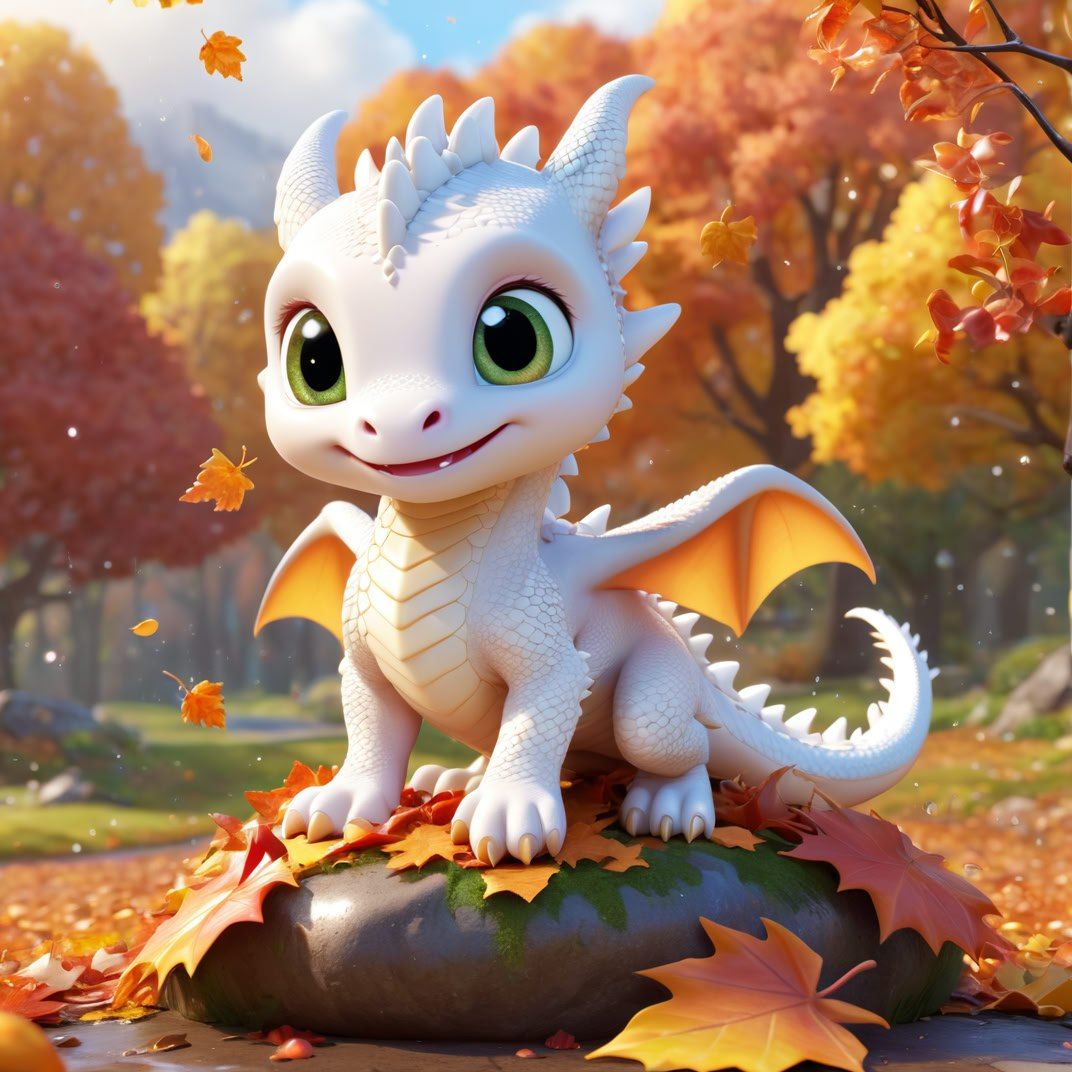 A baby dragon with large green eyes and pale white scales is...