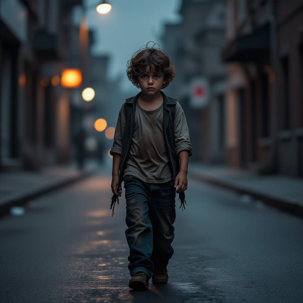 Sad Boy in Torn Clothes on Dark Street at Dawn