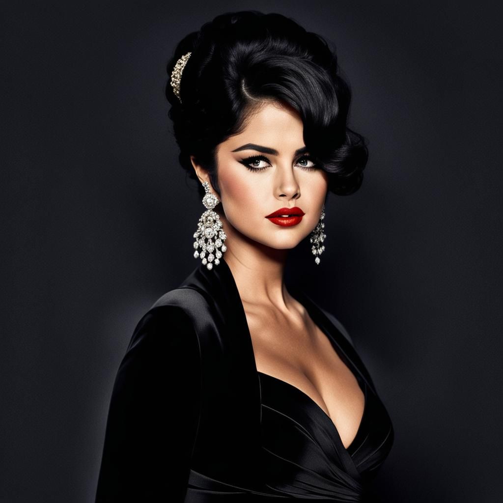 " Selena Gomez as Elizabeth Taylor. Her hair is black, and s...