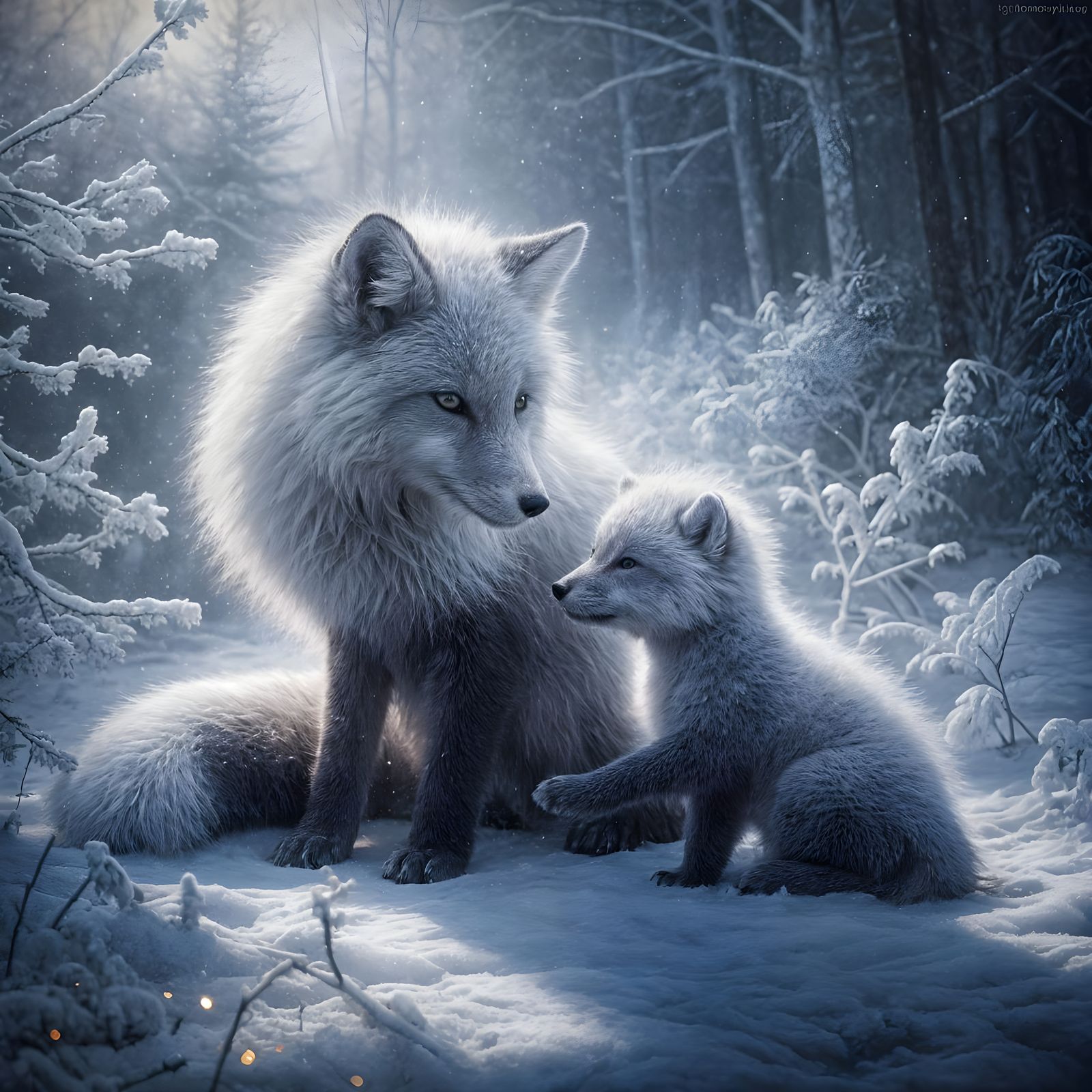 A  fluffy silver fox playing in the snow, with his mommy. High resolution.   by @Irene
