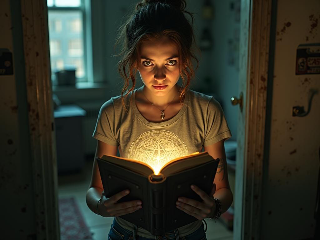 A young woman with unkempt dark hair and intense green eyes stands in a dimly lit, cluttered New York apartment. She's wearing casual clothe...